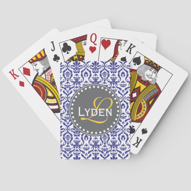 Modern monogram gift navy blue teal playing cards (Back)