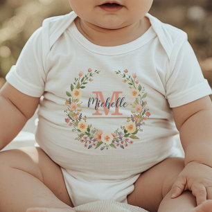 Modern Monogram Girly Rose Wreath Personalized     Baby Bodysuit