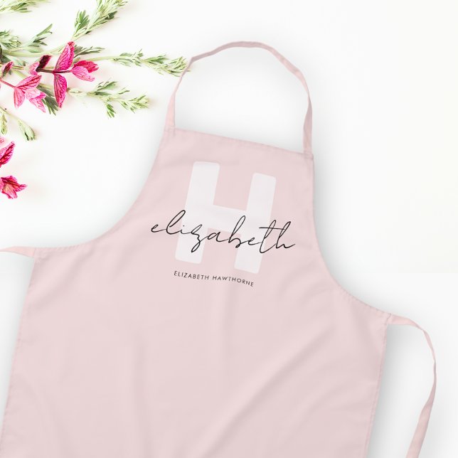 Modern Monogram Girly Script Blush Pink Initial Apron (Creator Uploaded)
