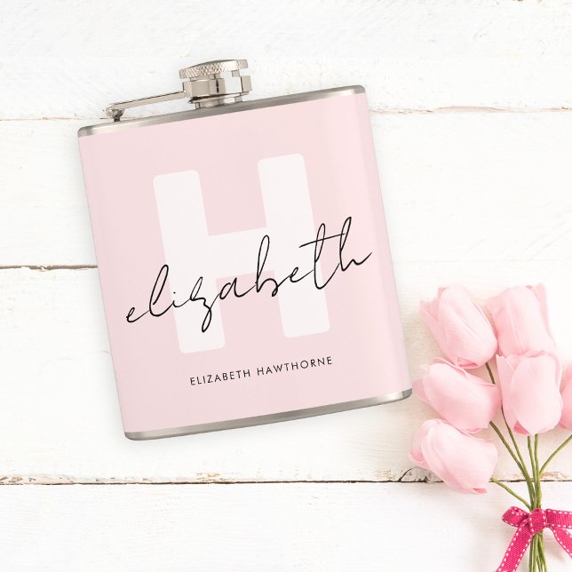Modern Monogram Girly Script Blush Pink Initial Hip Flask (Creator Uploaded)
