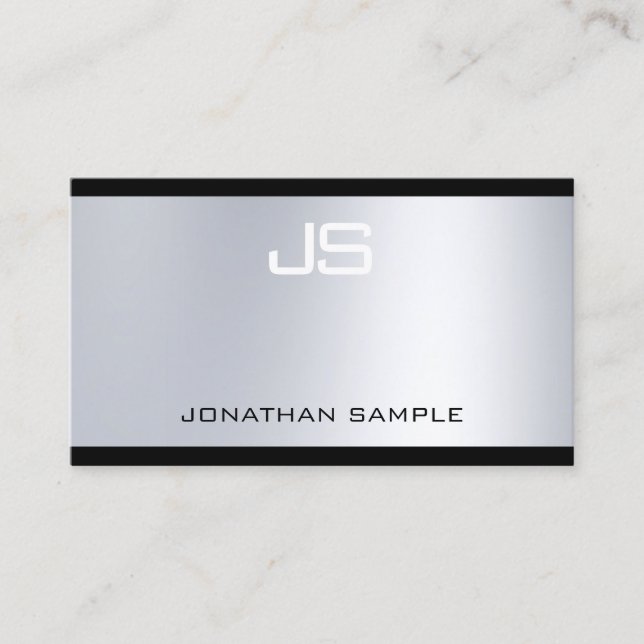 Modern Monogram Glamour Silver Look Fashionable Business Card (Front)