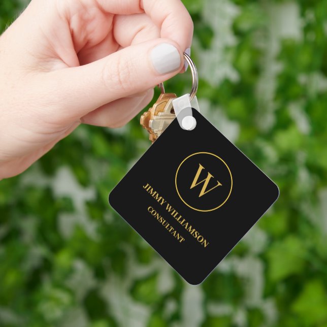 Modern Monogram Gold Black Business Key Ring (Hand)