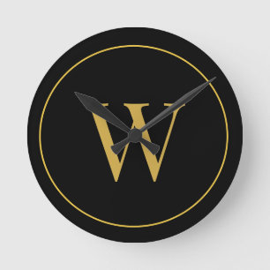 Modern Monogram Gold Black Business Round Clock