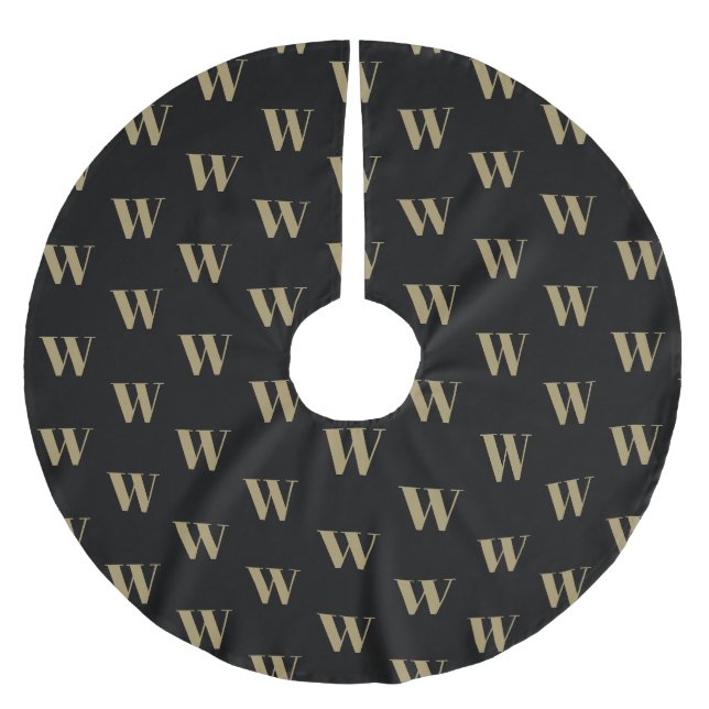 Modern monogram gold black custom initial letter brushed polyester tree skirt (Front)