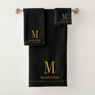 Modern Monogram Gold Black Initial Name Bath Towel Set