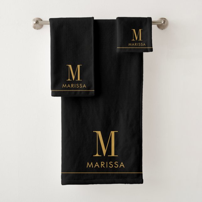 Modern Monogram Gold Black Initial Name Bath Towel Set (Insitu)
