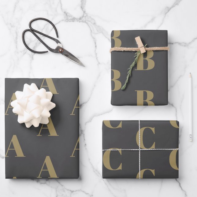 Modern monogram gold charcoal grey initial pattern wrapping paper sheet (Front)