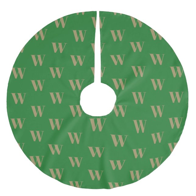 Modern monogram gold green custom initial letter brushed polyester tree skirt (Front)