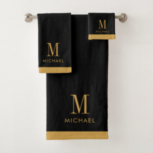 Modern Monogram Gold On Black Bath Towel Set