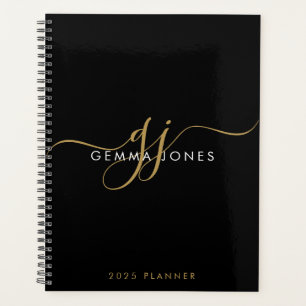 Modern Monogram Gold Script Initials Name Black Planner