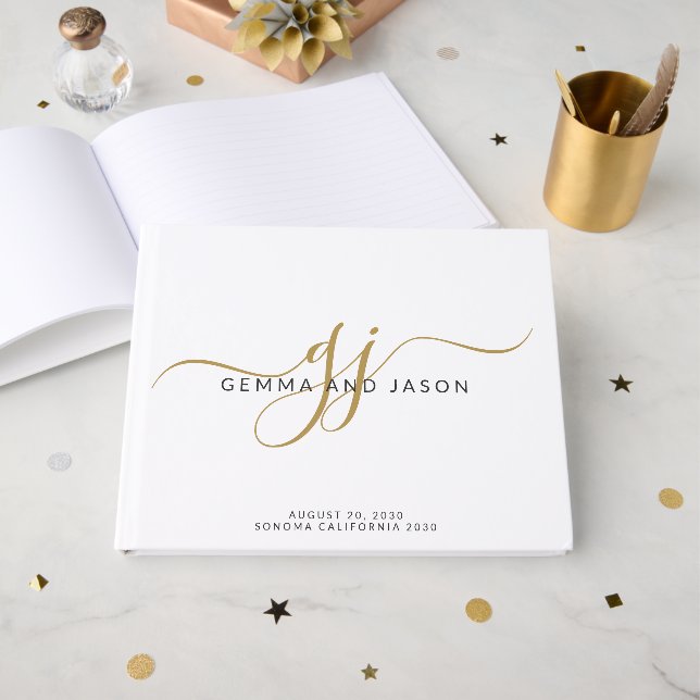 Modern Monogram Gold Script Name White Guest Book (Front Open)