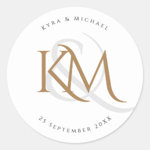 Modern Monogram Gold Script White Elegant Wedding Classic Round Sticker