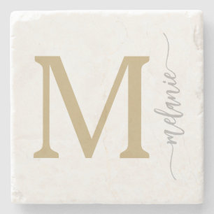 Modern Monogram Gold Silver Stone Coaster