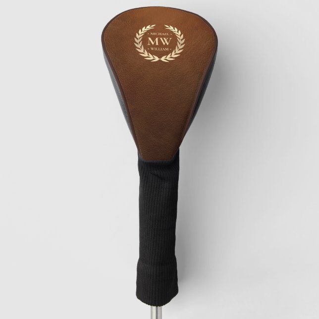 Modern Monogram Golfer Name Gold Brown Leather Golf Head Cover (Front)