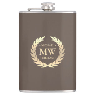 Modern Monogram Golfer Name Initials Brown Gold Hip Flask
