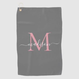 Modern Monogram Gray Blush Pink Girly Chic Script Golf Towel