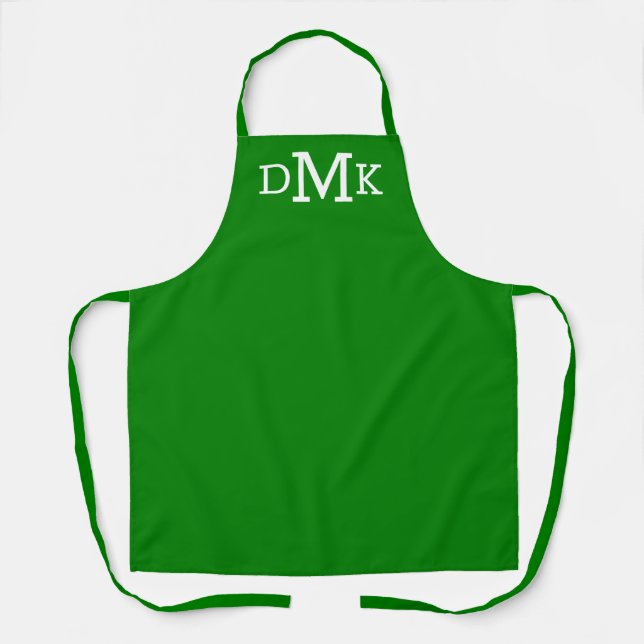 Modern Monogram Green and White Chef's Apron (Front)