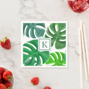 Modern Monogram Green Botanical Palm Leaves Napkin