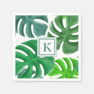 Modern Monogram Green Botanical Palm Leaves Napkin