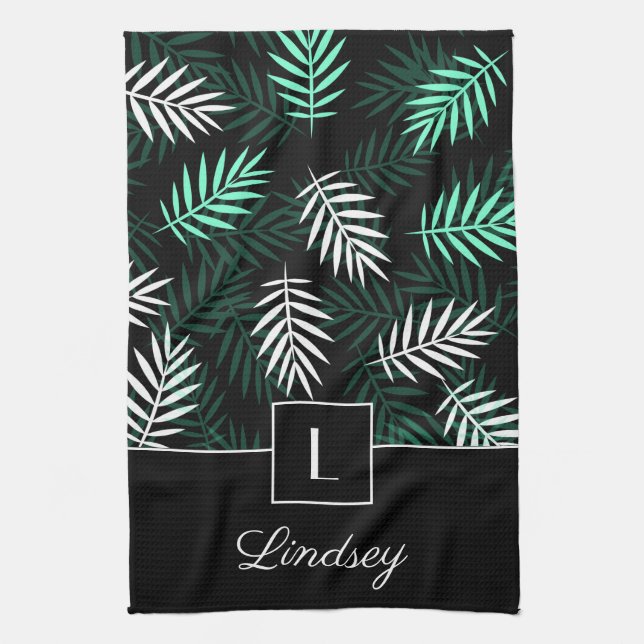 Modern Monogram Green Botanical Pattern Tea Towel (Vertical)