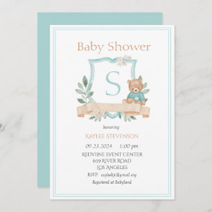 Modern Monogram Green Crest Greenery Baby Invitation