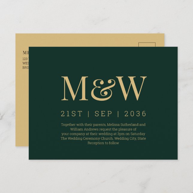 Modern Monogram Green Gold Wedding Invitation Postcard (Front/Back)