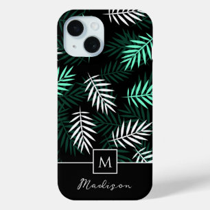 Modern Monogram Green Leaves Pattern iPhone 15 Case
