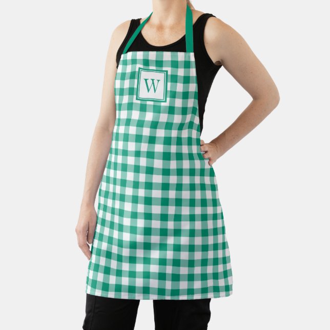 Modern Monogram Green Plaid Apron (Insitu)