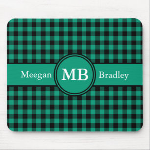 Modern Monogram Green Plaid Pattern Mouse Mat