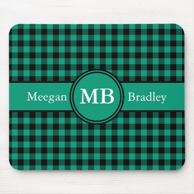 Modern Monogram Green Plaid Pattern Mouse Mat (Front)