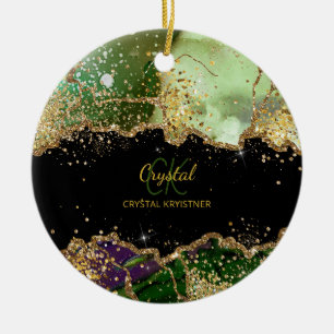 Modern Monogram Green purple Agate Glitter Ceramic Tree Decoration