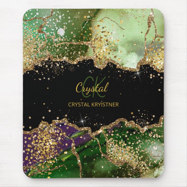 Modern Monogram Green purple Agate Glitter Mouse Mat (Front)