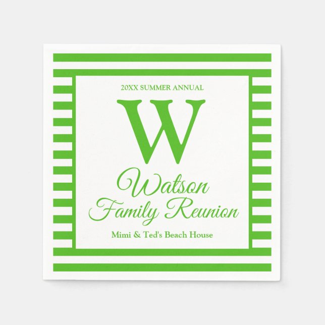 Modern Monogram Green Stripes Family Reunion Napkin (Front)
