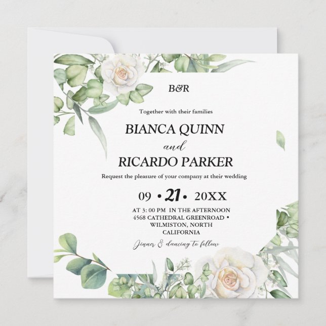 Modern Monogram greenery eucalyptus Square Wedding Invitation (Front)