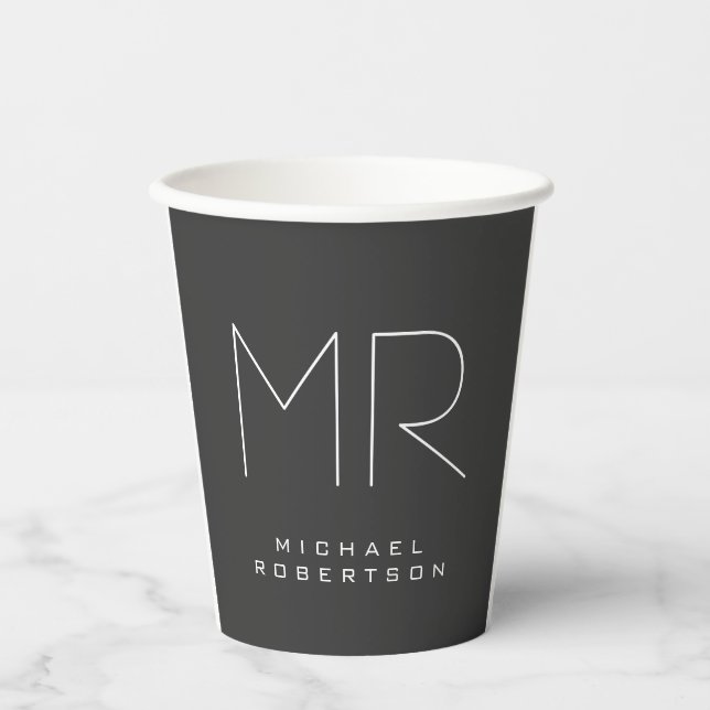 Modern Monogram Grey White Minimalist Paper Cups (Front)