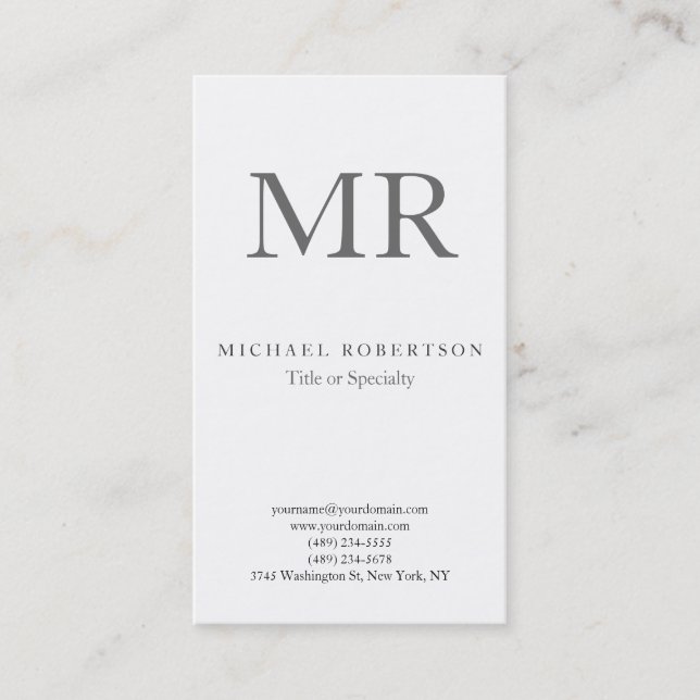 Modern Monogram Grey White Minimalist Plain Business Card (Front)