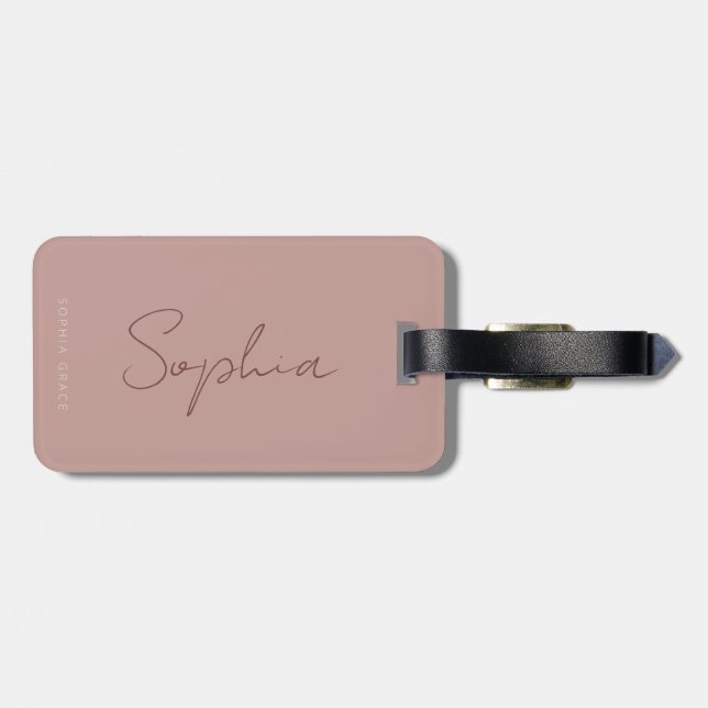 Modern Monogram Handwritten Script Dusty Pink Luggage Tag (Back Horizontal)