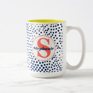 Modern Monogram Hearts and Blue Dots Patterned Two-Tone Coffee Mug