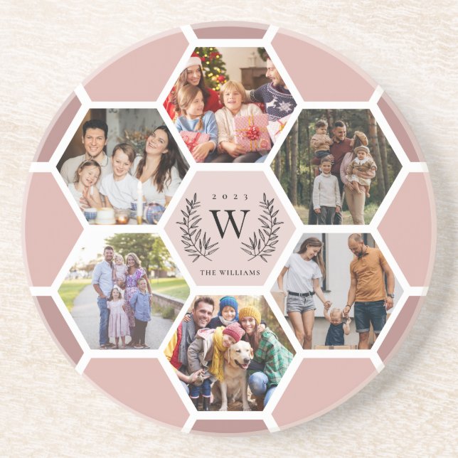Modern Monogram Honeycomb Photo Collage    Coaster (Front)