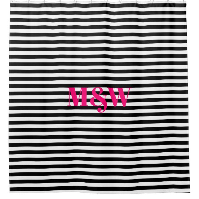 Modern monogram hot pink black white stripes  shower curtain (Front)