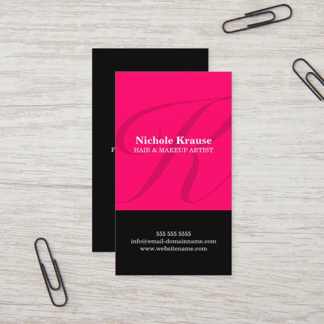Modern Monogram Hot Pink Business Card (Front/Back In Situ)