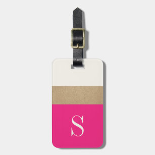 Modern Monogram Hot Pink Gold Striped Luggage Tag