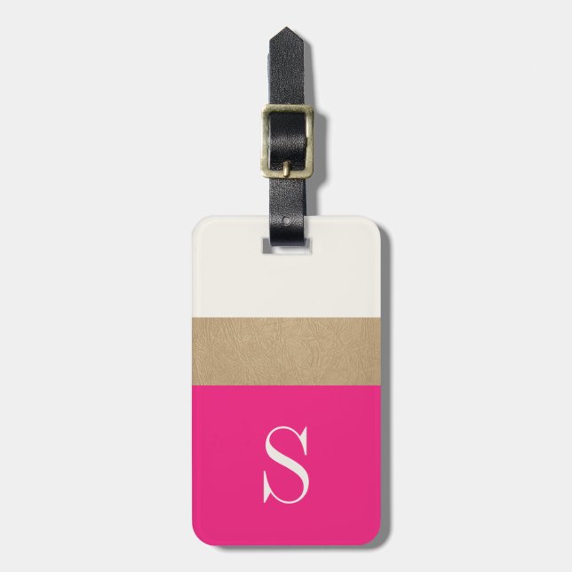 Modern Monogram Hot Pink Gold Striped Luggage Tag (Front Vertical)