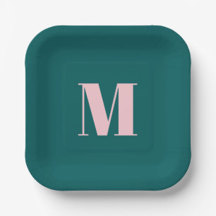 Modern Monogram Inital Letter Green Pink Paper Plate