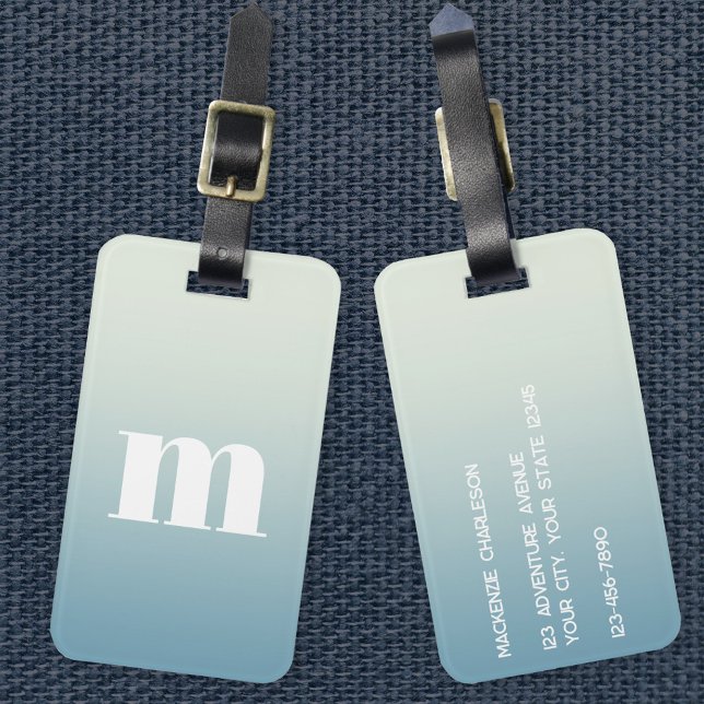 Modern Monogram Initial Blue Gradient Luggage Tag (Simple modern monogram personalized teal aqua gradient luggage tag)