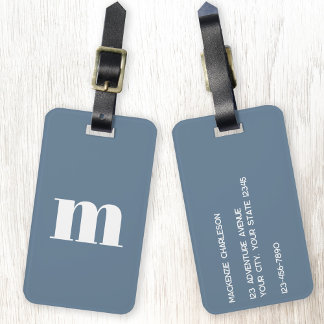 Modern Monogram Initial Dusty Blue Grey Luggage Tag