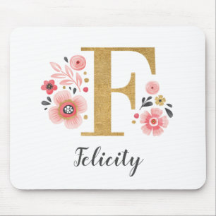 Modern Monogram Initial Girly Pink Floral Mouse Mat