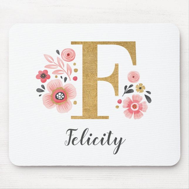 Modern Monogram Initial Girly Pink Floral Mouse Mat (Front)