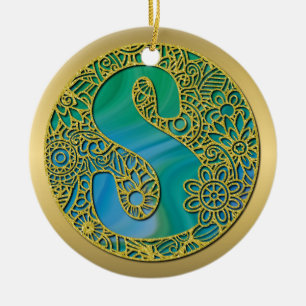 Modern Monogram Initial Gold Letter and Turquoise Ceramic Tree Decoration