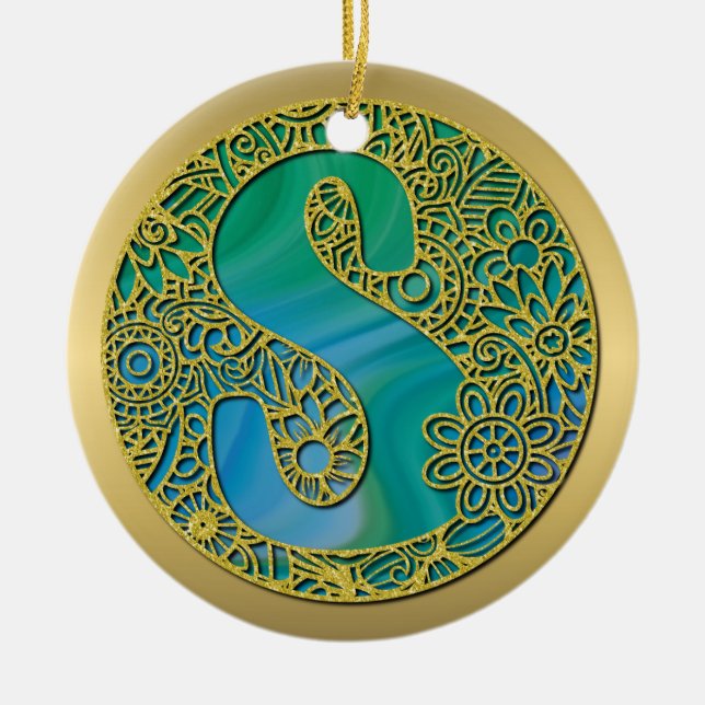 Modern Monogram Initial Gold Letter and Turquoise Ceramic Tree Decoration (Front)